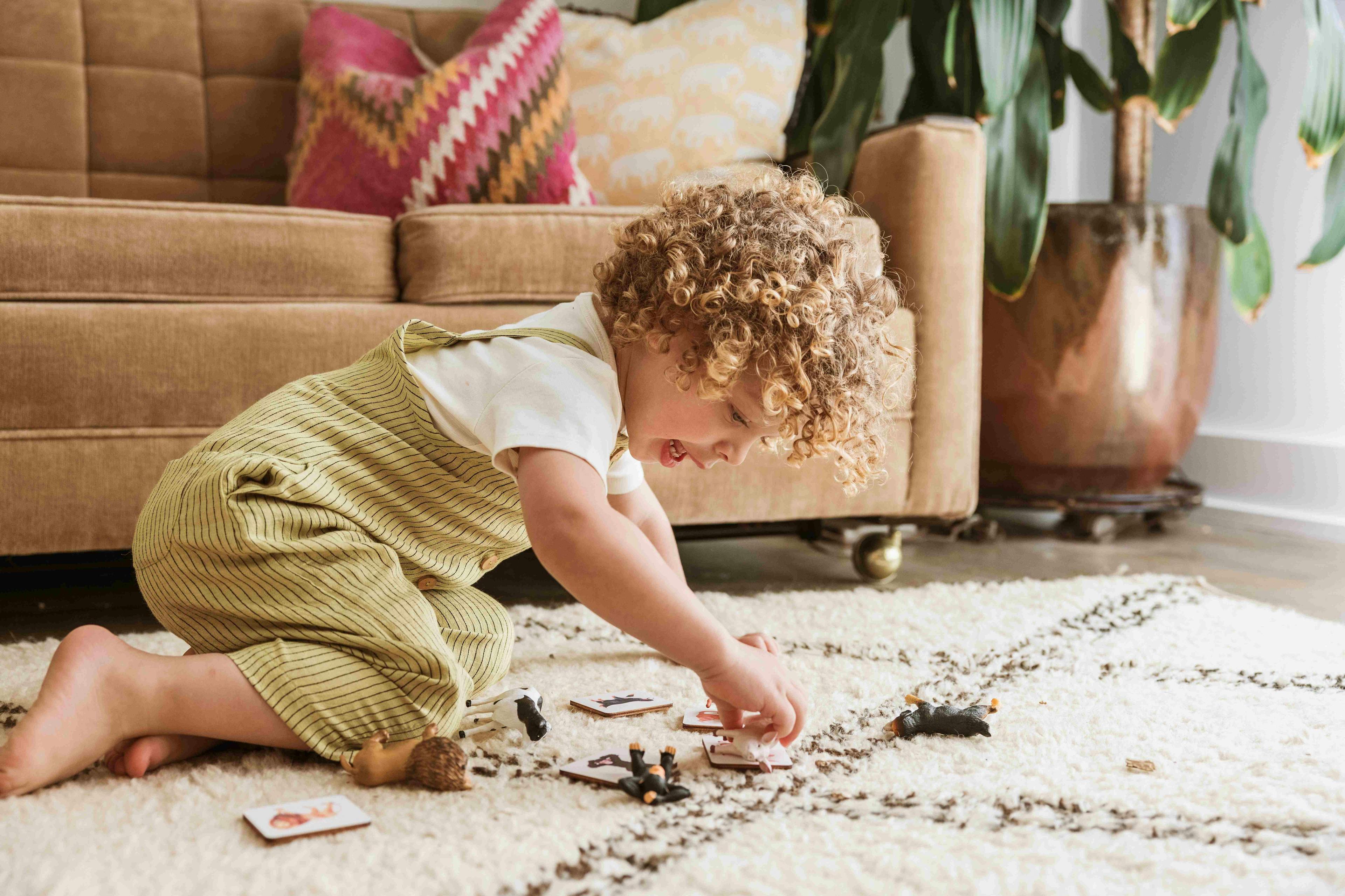 Child playing on the floor with the Montessori Animal Match from The Companion Play Kit